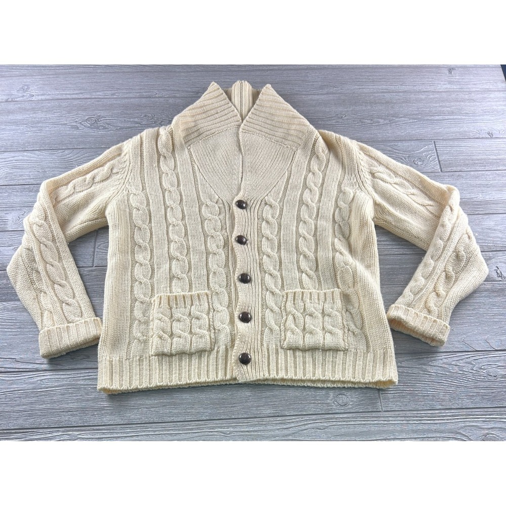 Vintage Braemar Wool Yellow Cable Knit Button Cardigan XL Shawl Collar Retro